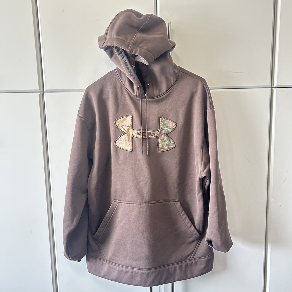 Under Armour Mens Storm Camo Big Logo Hoodie Brown Fleece Sweatshirt Medium